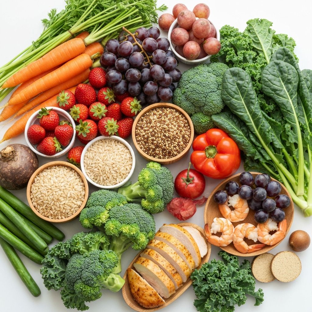 Colorful array of fresh fruits, vegetables, and whole grains